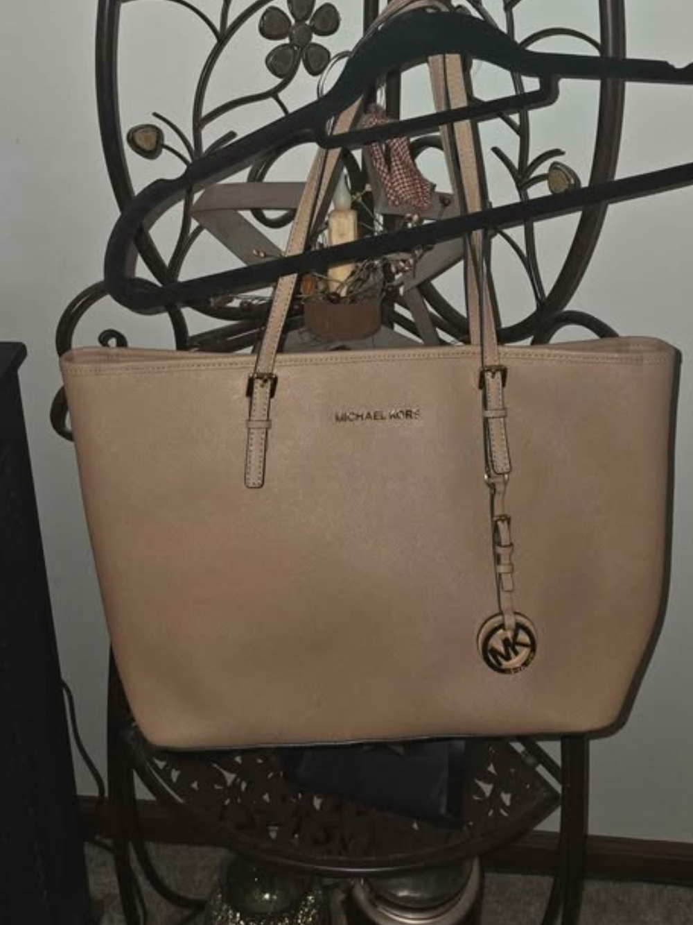 Michael Kors Nude Beige Saffiano Leather Tote with MK Charm